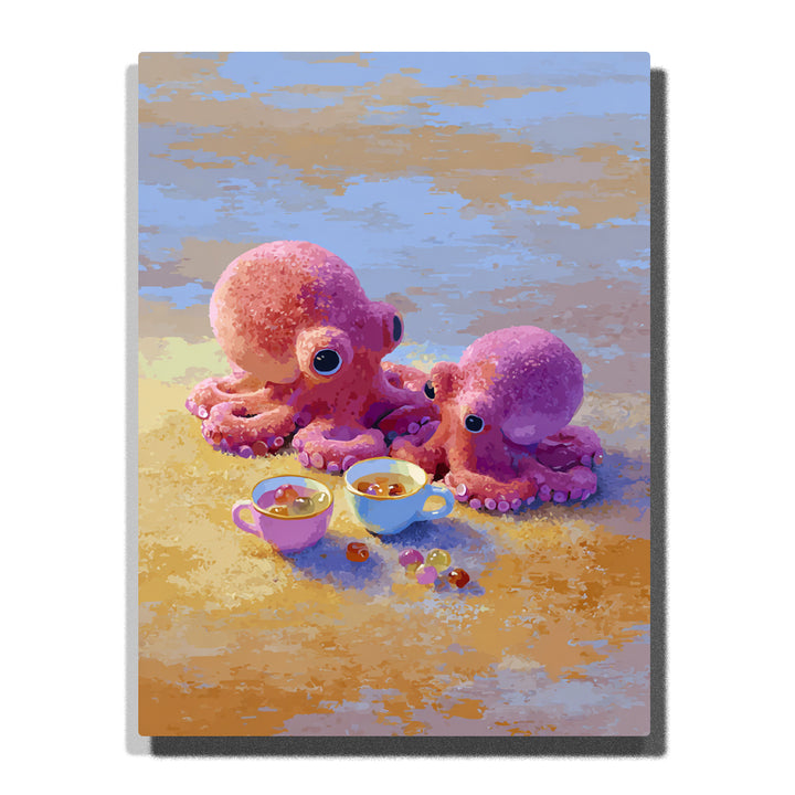 Two cute pink octopuses having tea on a sandy shore with small cups, scattered beads, soft blue water, and warm seaside light, paint by numbers wall art by PaintEasy