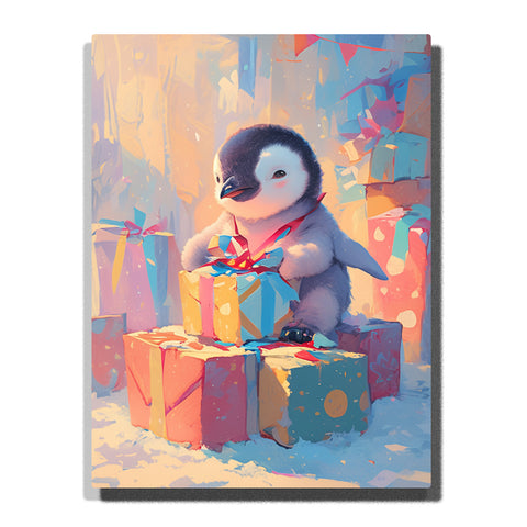 Baby penguin opening colorful gift boxes with fluffy gray feathers, pastel presents, ribbon details, falling confetti, warm party light, and cheerful animal celebration mood, paint by numbers by PaintEasy