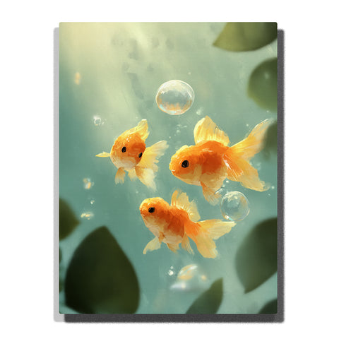 Three golden fish swimming in green-blue water with glassy bubbles, pale fins, and blurred green leaf shadows, paint by numbers wall art by PaintEasy