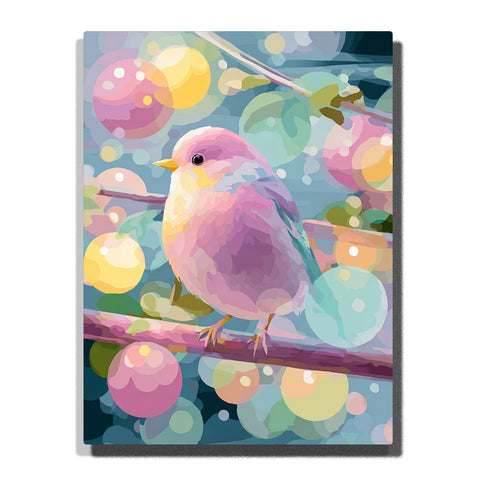 Pink songbird perched on a branch with pastel bokeh background, soft leaves, dreamy blue and yellow circles, and gentle animal wall art mood, paint by numbers by PaintEasy