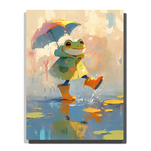 Little frog splashing in a rainy puddle with rainbow umbrella, pale raincoat, orange boots, lily pads, water reflections, and cheerful rainy-day animal mood, paint by numbers by PaintEasy