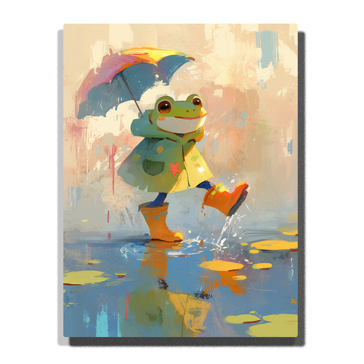 Little frog splashing in a rainy puddle with rainbow umbrella, pale raincoat, orange boots, lily pads, water reflections, and cheerful rainy-day animal mood, paint by numbers by PaintEasy