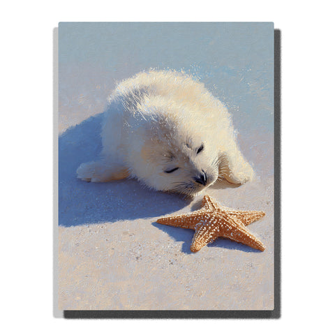 Baby seal resting on pale sand beside a starfish with soft sunlight, blue-gray shadow, and gentle seaside tones, paint by numbers wall art by PaintEasy