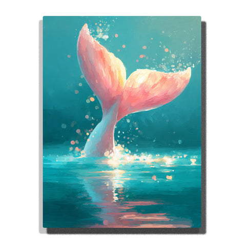 Pink whale tail splashing above turquoise water with glowing bubbles, coral highlights, and soft ocean reflections, paint by numbers wall art by PaintEasy