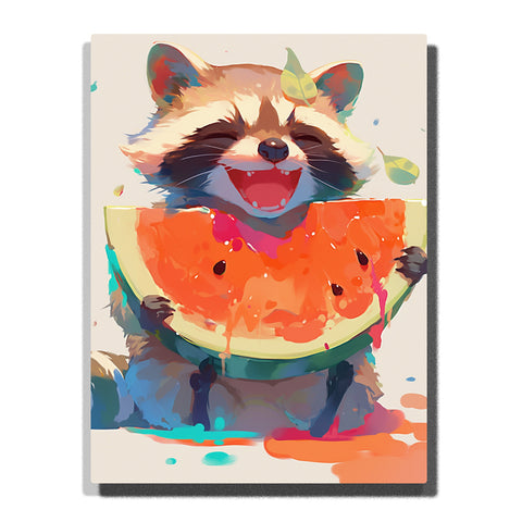 Happy raccoon eating a juicy watermelon slice with dark eye mask, fluffy ears, tiny teeth, green rind, black seeds, colorful splashes, and playful summer animal mood, paint by numbers by PaintEasy