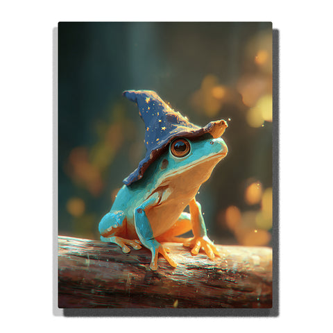 Blue wizard frog sitting on a forest branch with starry hat, large round eyes, warm golden lights, turquoise body, and magical animal woodland mood, paint by numbers wall art by PaintEasy