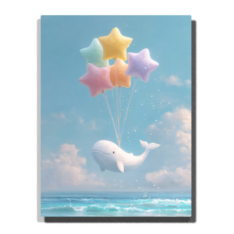 White whale with pastel star balloons floating above turquoise waves, soft blue sky, fluffy clouds, and dreamy ocean animal fantasy style, paint by numbers wall art by PaintEasy