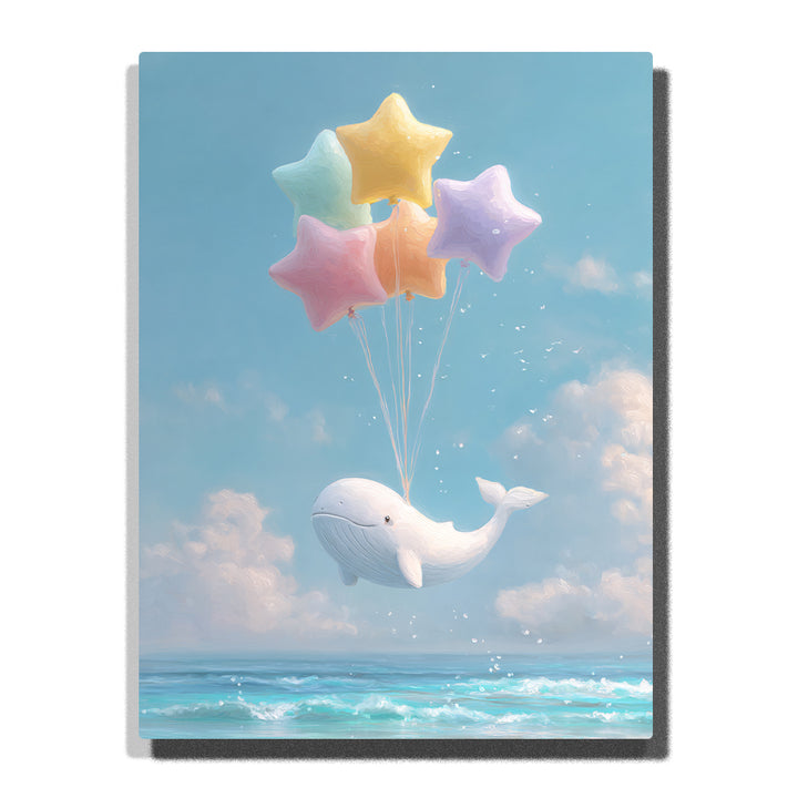 White whale with pastel star balloons floating above turquoise waves, soft blue sky, fluffy clouds, and dreamy ocean animal fantasy style, paint by numbers wall art by PaintEasy
