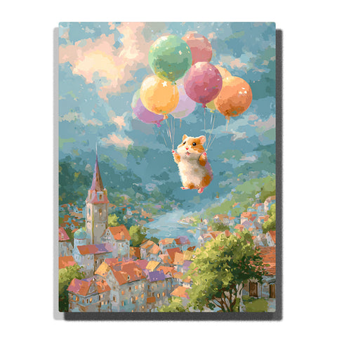 Little hamster floating with colorful balloons above a pastel hillside town, cloudy blue sky, church tower, rooftops, trees, and whimsical animal mood, paint by numbers wall art by PaintEasy