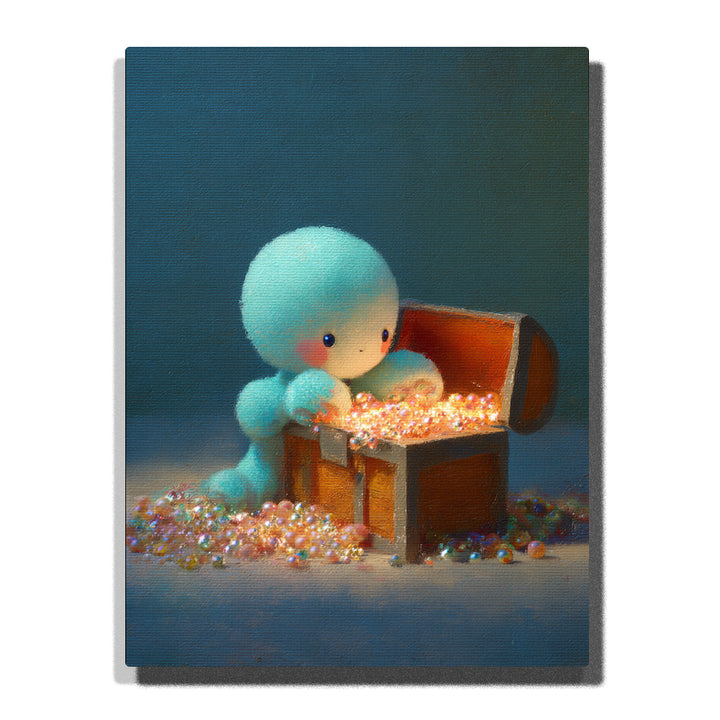 Cute blue octopus with a glowing treasure chest, sparkling pearls, colorful gems, soft teal background, and playful ocean animal fantasy style, paint by numbers wall art by PaintEasy