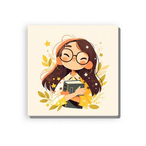 Little teacher holding a book with round glasses, long brown hair, yellow sweater, golden stars, leafy accents, and warm classroom reading mood, paint by numbers by PaintEasy