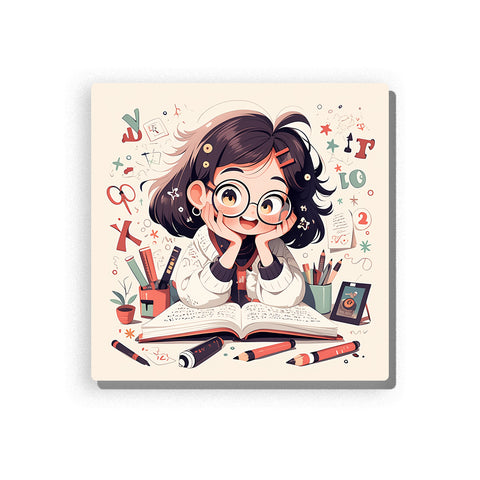 Little teacher reading at a desk with oversized glasses, open book, pencils, crayons, rulers, letters, numbers, stars, and warm classroom learning mood, paint by numbers by PaintEasy