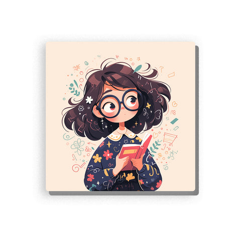 Little teacher holding a pink book with large round glasses, dark curly hair, floral dress, classroom doodles, stars, numbers, leaves, and warm learning mood, paint by numbers by PaintEasy