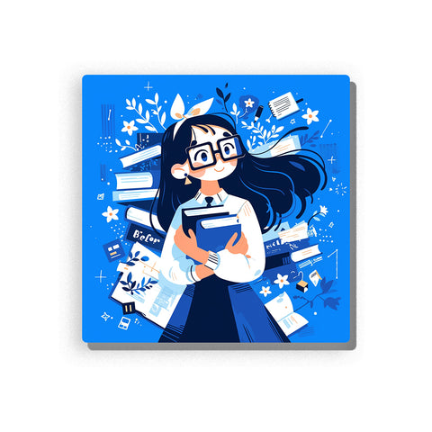 Little teacher holding a blue book with square glasses, long dark hair, flying papers, open notebooks, white flowers, bright blue background, and lively classroom learning mood, paint by numbers by PaintEasy