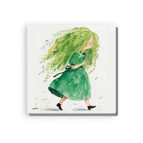 Green forest girl in a flowing dress with long leafy windblown hair, hands resting near her dress, scattered green leaves, walking pose, soft white background, and gentle storybook nature details, Paint by Numbers kit for kids by PaintEasy.