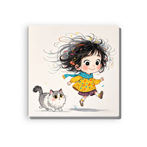 Curly-haired girl running with a fluffy gray-and-white cat, wearing a yellow polka-dot coat, blue scarf, pink skirt, small boots, rosy cheeks, and playful motion lines on a clean cream background, Paint by Numbers kit for kids by PaintEasy.