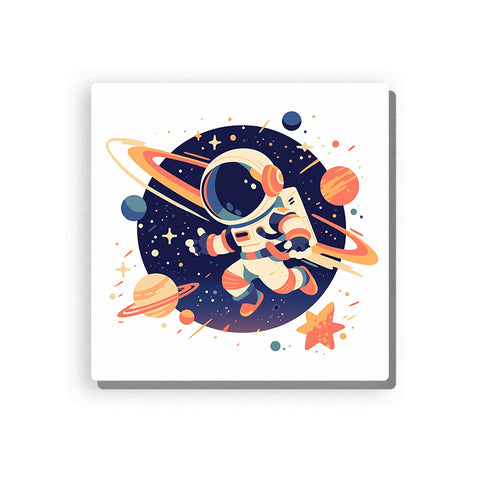 Astronaut floating through a navy circular space scene with ringed planets, coral stars, orbit lines, cream background, and playful galaxy adventure mood, paint by numbers by PaintEasy