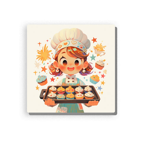 Little baker holding a cupcake tray with chef hat, teal apron, colorful cupcakes, floating sweets, pastel stars, and cheerful bakery story mood, paint by numbers by PaintEasy