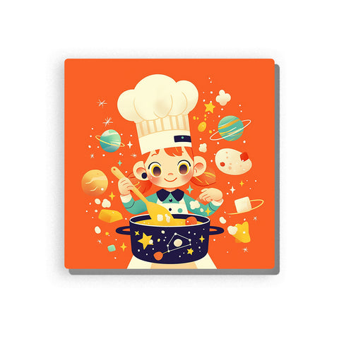 Little chef stirring a starry soup pot with planets, sparkles, orange background, white chef hat, floating cosmic ingredients, and playful kitchen-space mood, paint by numbers by PaintEasy