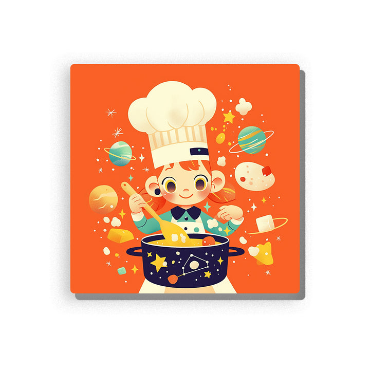 Little chef stirring a starry soup pot with planets, sparkles, orange background, white chef hat, floating cosmic ingredients, and playful kitchen-space mood, paint by numbers by PaintEasy