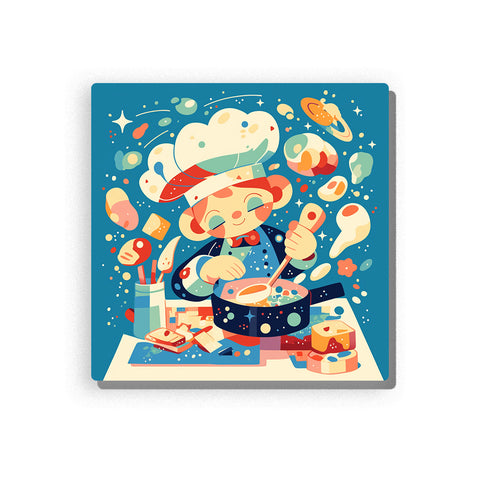 Little chef stirring magic soup at a table with black cooking pot, cream chef hat, floating food ingredients, cake slice, recipe cards, stars, and playful kitchen mood, paint by numbers by PaintEasy