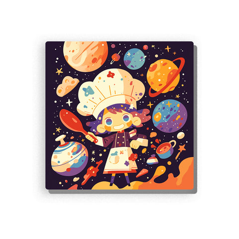 Little space chef floating among colorful planets with oversized chef hat, white apron, rockets, stars, spoons, dark galaxy background, and playful cosmic kitchen mood, paint by numbers by PaintEasy