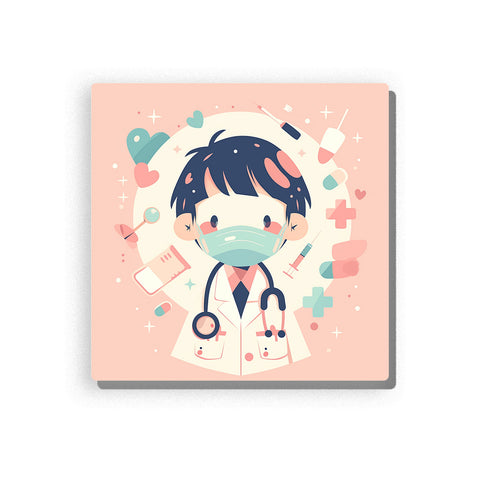 Little doctor wearing a mint mask and white coat with stethoscope, floating syringes, medicine bottles, pastel crosses, hearts, and cute healthcare role-play mood, paint by numbers by PaintEasy