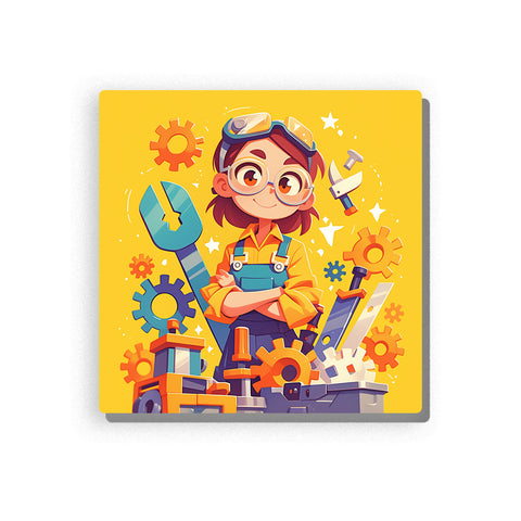 Little engineer wearing glasses and safety goggles with yellow jacket, teal tool apron, orange gears, blue tools, books, rulers, and bright STEM workshop mood, paint by numbers by PaintEasy