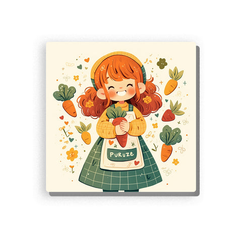 Little gardener holding a large carrot with orange pigtails, green plaid dress, cream apron, floating vegetables, tiny hearts, flowers, and cheerful garden mood, paint by numbers by PaintEasy
