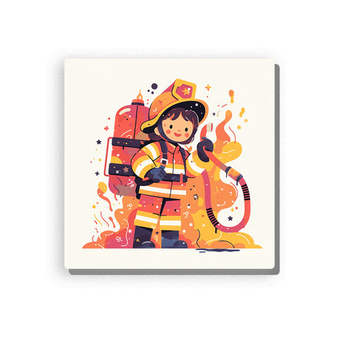 Little firefighter holding a hose with red helmet, backpack water tank, striped uniform, orange flames, water splashes, and playful rescue hero mood, paint by numbers by PaintEasy