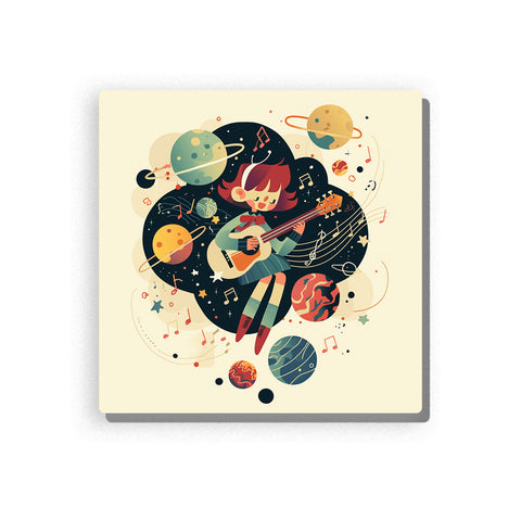 Little guitar player floating among planets and music notes with red hair, dark hat, teal outfit, orbit lines, stars, and playful cosmic music mood, paint by numbers by PaintEasy