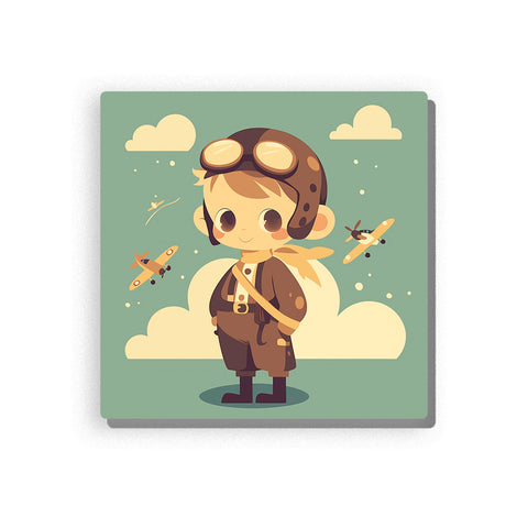 Little aviator wearing brown pilot cap and golden goggles with scarf, satchel, toy planes, cream clouds, sage green sky, and gentle travel adventure mood, paint by numbers by PaintEasy