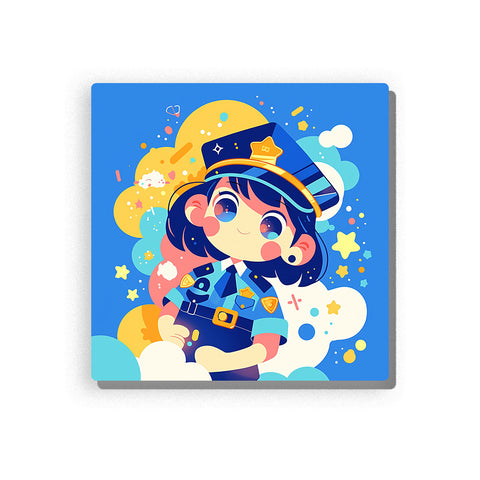 Little officer wearing navy uniform and peaked cap with yellow tie, badge details, sunny cloud sky, yellow stars, blue background, and cheerful role-play mood, paint by numbers by PaintEasy