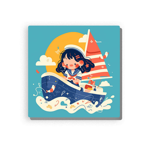 Little sailor steering a boat with red striped sail, navy hull, white waves, teal sky, yellow sun, clouds, stars, and cheerful ocean adventure mood, paint by numbers by PaintEasy
