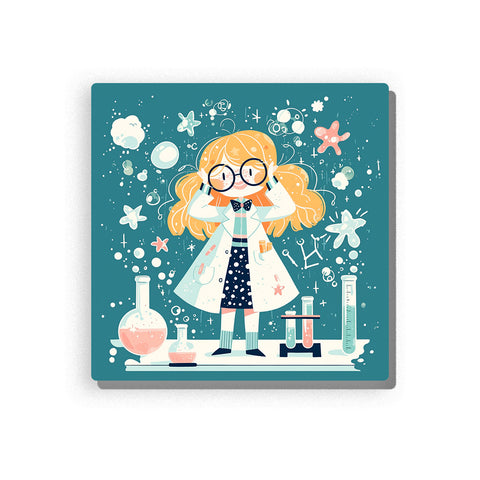 Little scientist wearing oversized glasses and white lab coat with beakers, test tubes, bubbles, atom symbols, stars, teal background, and cheerful experiment mood, paint by numbers by PaintEasy