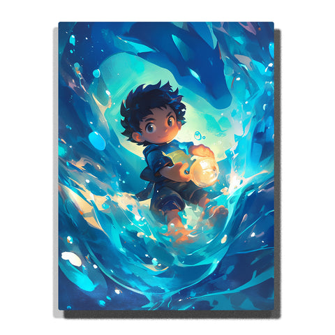 Boy holding a glowing water orb inside a swirling magical blue wave with aqua splashes, floating bubbles, deep navy shadows, and fantasy adventure mood, paint by numbers by PaintEasy