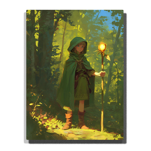 Green cloaked explorer holding a glowing staff in a sunlit forest with hooded cape, brown boots, deep green trees, warm golden light, and magical adventure mood, paint by numbers by PaintEasy