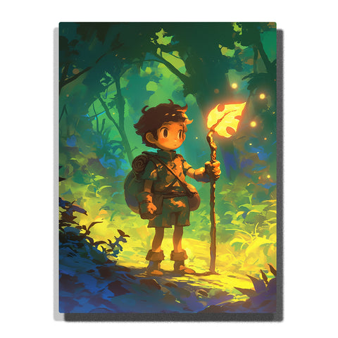 Little explorer holding a glowing torch in a green forest with backpack, rolled blanket, dense leaves, warm firelight, shadowy plants, and magical adventure mood, paint by numbers by PaintEasy