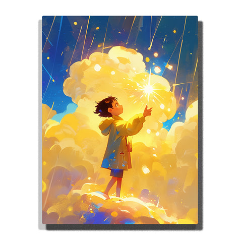Child reaching for a bright star among glowing golden clouds with deep blue sky, falling light streaks, warm cloud layers, and magical bedtime mood, paint by numbers by PaintEasy