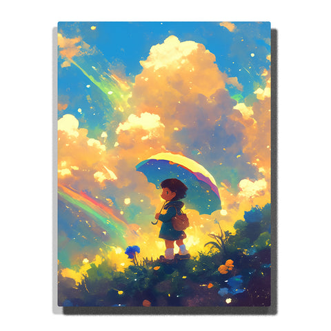 Child with rainbow umbrella standing under huge golden clouds with glowing sky light, dark meadow plants, floating sparkles, and magical rainy-day mood, paint by numbers by PaintEasy