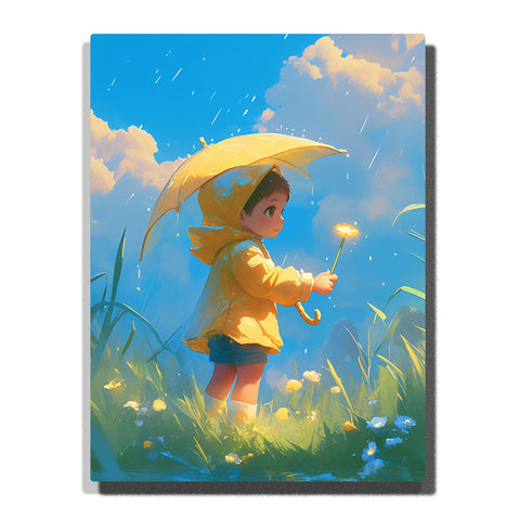 Child with yellow umbrella in a sunlit rainy meadow with yellow raincoat, blue sky, soft clouds, tall grass, small flowers, falling raindrops, and warm outdoor mood, paint by numbers by PaintEasy