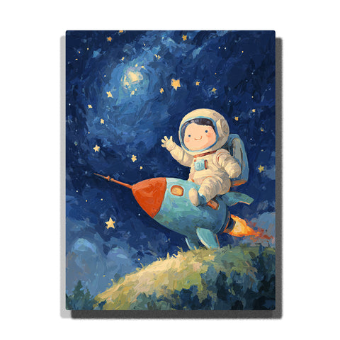 Smiling astronaut riding a blue rocket through a starry night sky with white space suit, orange nose cone, glowing moon, yellow stars, and flame trail, paint by numbers wall art by PaintEasy