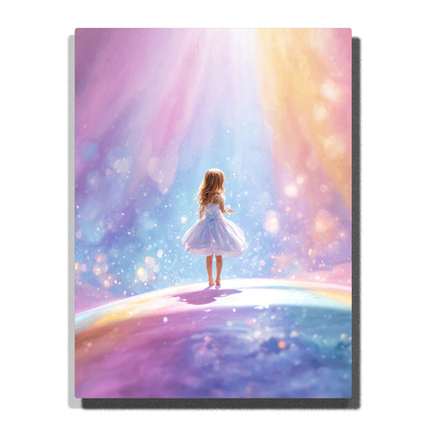 Little girl standing on a glowing rainbow bridge under pastel pink blue and golden light with sparkling dots and dreamy fantasy sky, paint by numbers wall art by PaintEasy