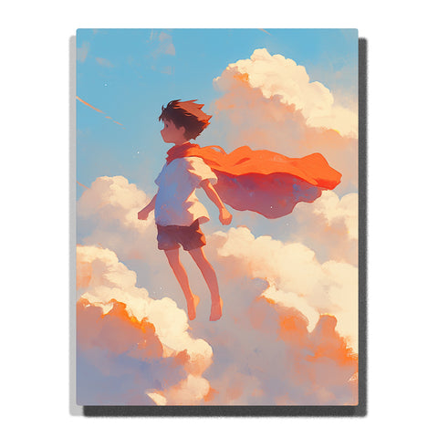 Boy flying through a soft cloud sky with flowing red cape, white shirt, dark shorts, wind-swept hair, warm sunlight, and gentle superhero adventure mood, paint by numbers by PaintEasy