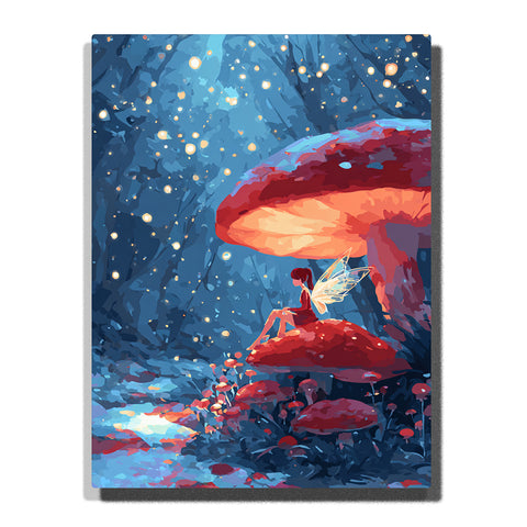 Tiny fairy sitting under a giant glowing red mushroom in a deep blue enchanted forest with wings, firefly lights, small mushrooms, and magical woodland mood, paint by numbers by PaintEasy