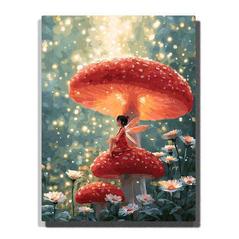 Tiny fairy sitting under a giant red mushroom with sparkling forest lights, translucent wings, white flowers, small mushrooms, warm glow, and magical woodland mood, paint by numbers by PaintEasy