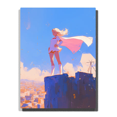 Superhero girl standing on a rooftop above the city with flowing pink cape, white outfit, wind-swept blonde hair, blue sky, soft clouds, and brave adventure mood, paint by numbers by PaintEasy