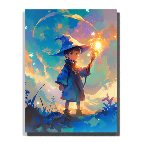 Little wizard holding a glowing staff in a colorful sky with blue hat, blue robe, golden magic light, star shapes, swirling teal clouds, and storybook fantasy mood, paint by numbers by PaintEasy