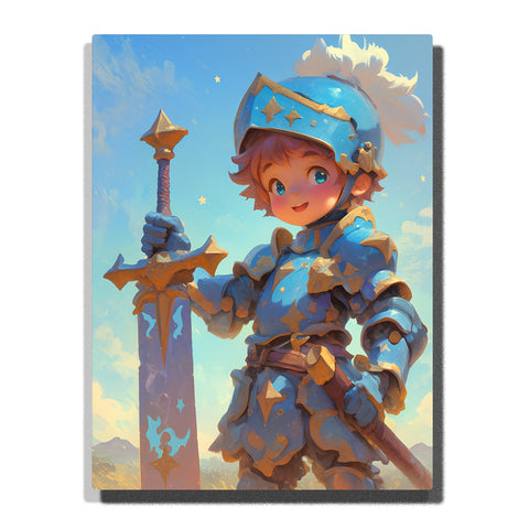 Smiling young knight wearing blue star armor with helmet, large sword, golden accents, soft sky, tiny stars, and cheerful fantasy adventure mood, paint by numbers by PaintEasy