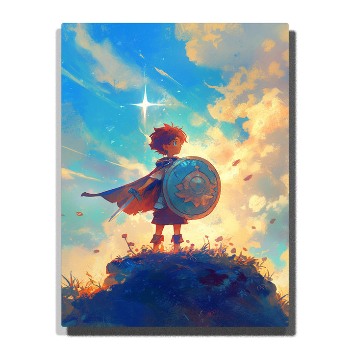Young knight holding a round sun shield and sword on a grassy hill under bright blue sky, glowing star light, clouds, wind-blown cape, and heroic fantasy mood, paint by numbers by PaintEasy